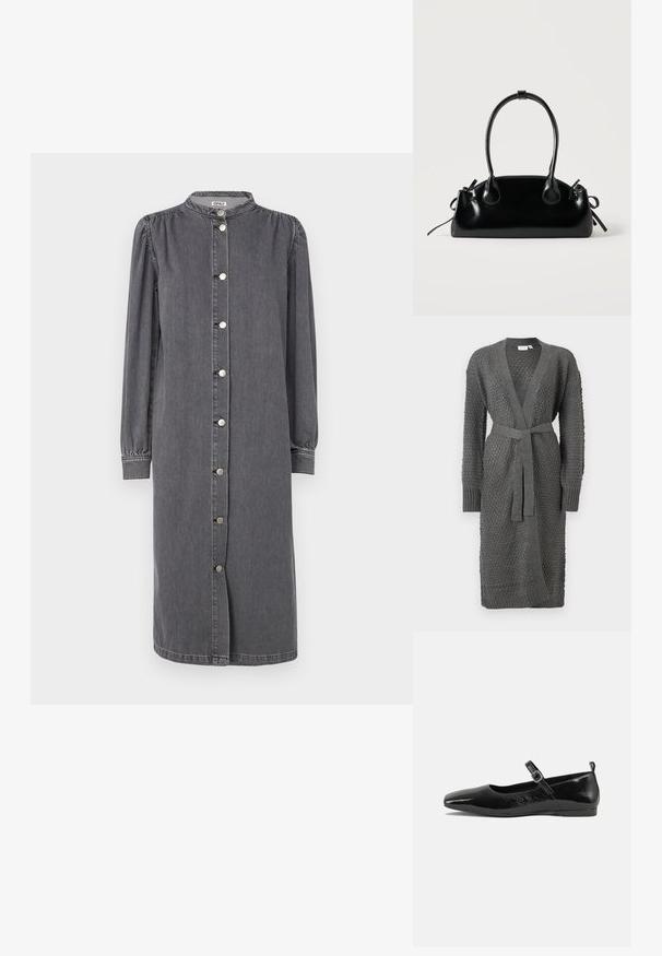 Le cardigan en tricot gris présente un motif texturé, des manches longues, un devant ouvert et une ceinture à nouer à la taille. Fini avec des poignets et un ourlet à côtes.; Robe à manches longues et boutonnée en denim gris. Elle présente un col montant, des fentes sur les côtés et des manches bouffantes avec des poignets élastiques.; Chaussure plate en cuir verni noir avec un bout pointu, une sangle de cheville avec boucles, et une texture lisse et brillante. Talon bas pour le confort.; Petit sac à main noir brillant avec deux longues anses et des détails à cordon sur les côtés sur un fond clair uni.