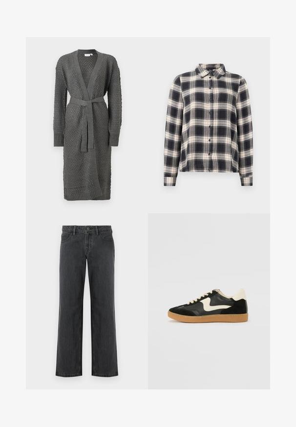 Grå strikket cardigan har et tekstureret mønster, lange ærmer, åben front og en knyttet taljebælte. Afsluttet med ribbend i ærmer og nederkant.; Langærmet ternet skjorte i navy, hvid og beige. Har standard krave, knaplukning fortil og blødt stof med ternet mønster.; Mørkegrå vidde bukser lavet af denim, med standard linning, fem lommer og knaplukning. Glat tekstur og ensartet syning.; Sorte ruskinds- og lædersneakers med en cremefarvet side-swoosh og lys cremefarvet hæl. Har beige snørebånd og en gummirubber-sål.
