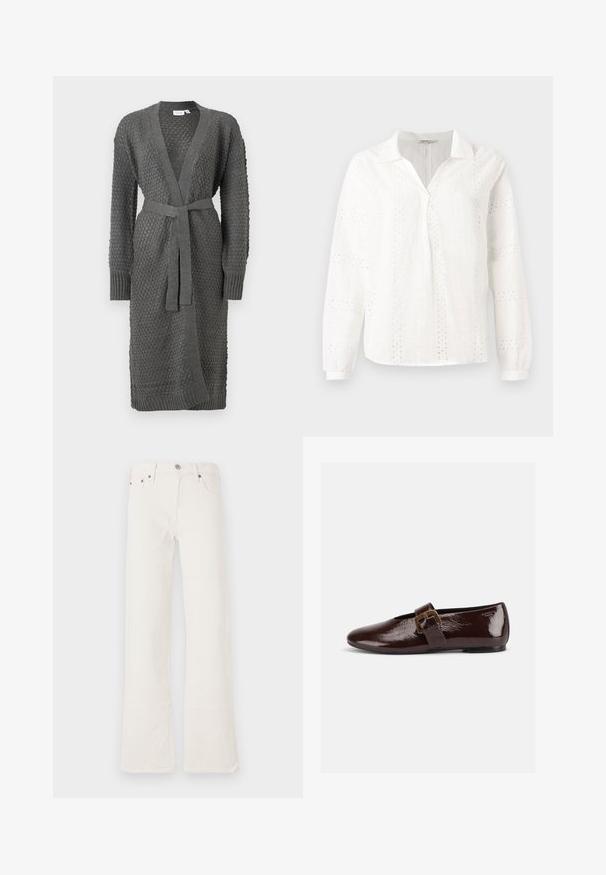 Le cardigan en tricot gris présente un motif texturé, des manches longues, un devant ouvert et une ceinture à nouer à la taille. Fini avec des poignets et un ourlet à côtes.; Blouse en coton blanc avec des manches longues, un col en V et des motifs de broderie ajourée complexes. Design à coupe classique.; Jean flare blancs en denim, avec une taille haute, cinq poches et des coutures doublement piquées, ornés de accents en ton cuivre.; Chaussure plate en cuir verni marron foncé avec une large bride à boucle dorée et un bout arrondi, présentée de profil sur fond blanc.