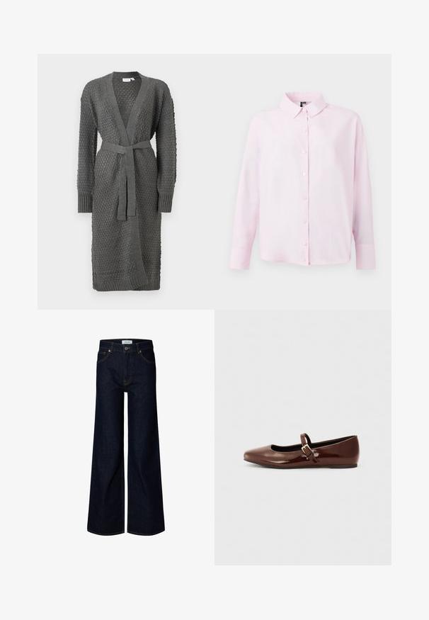 Le cardigan en tricot gris présente un motif texturé, des manches longues, un devant ouvert et une ceinture à nouer à la taille. Fini avec des poignets et un ourlet à côtes.; Chemise à manches longues rose clair, à boutons sur le devant, col classique, fabriquée en tissu doux, avec une coupe décontractée et une texture lisse.; Jean en denim bleu foncé à jambes larges avec bouton et fermeture éclair à l'avant, passants de ceinture et poches avant, présenté sur fond blanc.; Ballerine en cuir verni marron avec un bout carré et une lanière ornée d'une petite boucle dorée. Texture lisse, talon bas et design minimaliste.