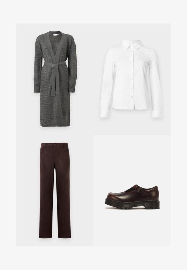 Le cardigan en tricot gris présente un motif texturé, des manches longues, un devant ouvert et une ceinture à nouer à la taille. Fini avec des poignets et un ourlet à côtes.; Chemise blanche à manches longues avec boutons, col pointu, ourlet droit et silhouette ajustée, présentée sur un fond clair uni.; Pantalons en suède marron foncé à jambes droites avec fermeture à bouton et zip à l'avant, passants de ceinture et poches latérales.; Chaussure Mary Jane en cuir marron foncé avec une semelle épaisse noire à crampons et une bride à boucle métallique, vue de profil.