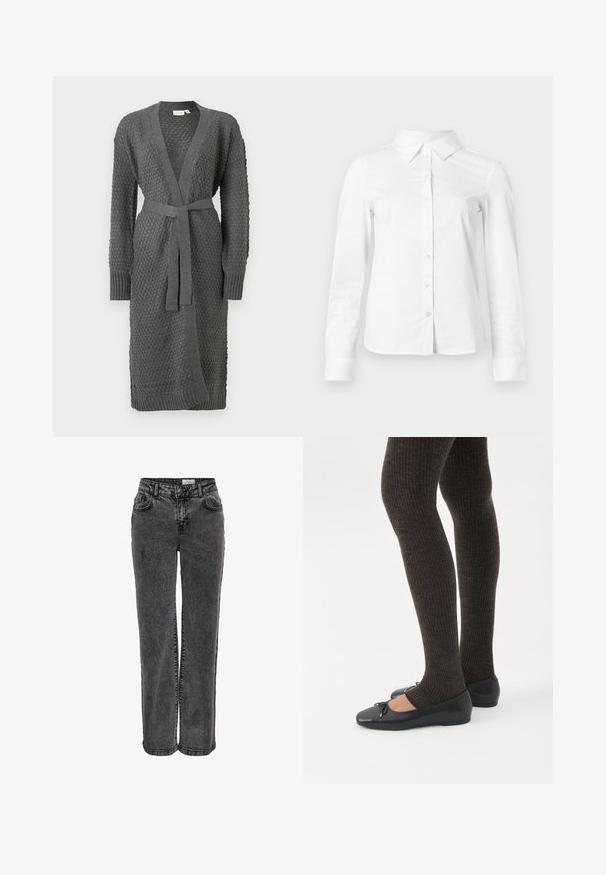 Grå strikket cardigan har et tekstureret mønster, lange ærmer, åben front og en knyttet taljebælte. Afsluttet med ribbend i ærmer og nederkant.; Hvid skjorte med lange ærmer, knapper, spids krave, lige kant og tætsiddende silhuet, vist på en ensartet lys baggrund.; Sorte denimjeans med lige ben, der har forlommer, bæltestropper og en subtil, falmet tekstur.; Ben iført mørke ribbede leggings kombineret med sorte balletsko med små sløjfedetaljer på hvid baggrund.