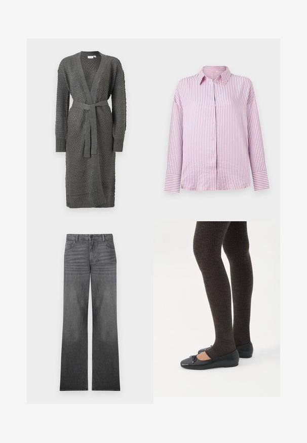 Grå strikket cardigan har et tekstureret mønster, lange ærmer, åben front og en knyttet taljebælte. Afsluttet med ribbend i ærmer og nederkant.; Langærmet skjorte med knapper, med lyserøde og lyseblå lodrette striber og kontrasterende stribede manchetter, vist på en ensfarvet hvid baggrund.; Grå denim brede ben jeans med en middel vask, der har design med fem lommer, frontknaplukning og diskrete sømdetaljer.; Ben iført mørke ribbede leggings kombineret med sorte balletsko med små sløjfedetaljer på hvid baggrund.