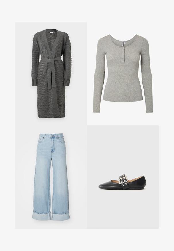 Le cardigan en tricot gris présente un motif texturé, des manches longues, un devant ouvert et une ceinture à nouer à la taille. Fini avec des poignets et un ourlet à côtes.; Haut à manches longues gris clair côtelé avec encolure ronde et patte de boutonnage à quatre boutons, silhouette ajustée et tissu tricoté doux.; Jean large bleu clair à taille haute, avec des revers aux jambes et une texture en denim classique. Comprend des poches avant et une fermeture éclair.; Chaussure plate en cuir noir avec un bout pointu et une bride décorative à boucle équipée de ferrures argentées et de petites découpes.
