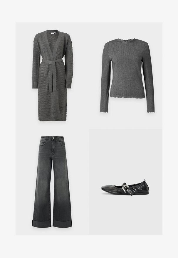 Le cardigan en tricot gris présente un motif texturé, des manches longues, un devant ouvert et une ceinture à nouer à la taille. Fini avec des poignets et un ourlet à côtes.; Haut en tricot côtelé à manches longues, gris foncé, avec des bords à motif laitue aux poignets, au col et à l'ourlet.; Jeans larges noirs taille haute avec ourlets retroussés, bouton frontal et poches, présentés sur un fond clair uni.; Chaussure plate en cuir noir avec un nez pointu, des détails froncés autour de l'ouverture et un accent en boucle argentée sur la bride ajustable.
