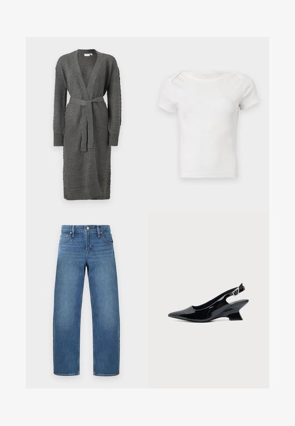 Le cardigan en tricot gris présente un motif texturé, des manches longues, un devant ouvert et une ceinture à nouer à la taille. Fini avec des poignets et un ourlet à côtes.; Haut blanc à manches courtes en maille côtelée pour bébé ou tout-petit, avec un col rond et des pressions à l'épaule, sur un fond uni.; Jean denim bleu à jambes droites avec fermeture par bouton et zip, poches à l'avant et à l'arrière, présenté sur un fond clair uni.; Chaussure slingback en cuir verni noir avec bout pointu et petit talon bloc incliné sur fond clair uni.