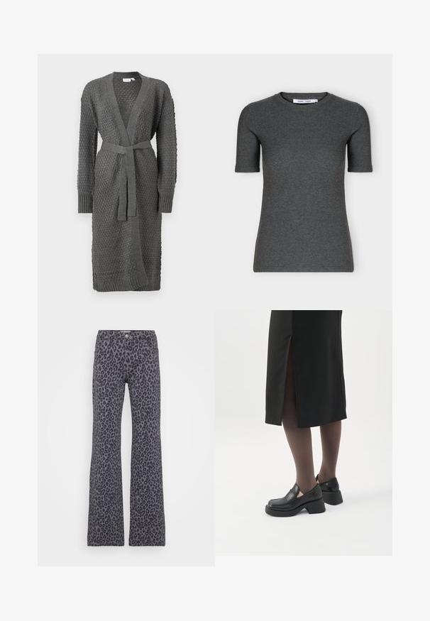 Grå strikket cardigan har et tekstureret mønster, lange ærmer, åben front og en knyttet taljebælte. Afsluttet med ribbend i ærmer og nederkant.; Mørkegrå strikket T-shirt med korte ærmer, rund hals, slank pasform og ensfarvet design vist på hvid baggrund.; Grå, flagrende jeans med et sort leopardprintmønster. De har en knaplukning og fem-lomme design.; Kvinde iført sorte loafers med chunky hæl, sorte tynde strømpebukser og en sort nederdel med slids bagpå på hvid baggrund.