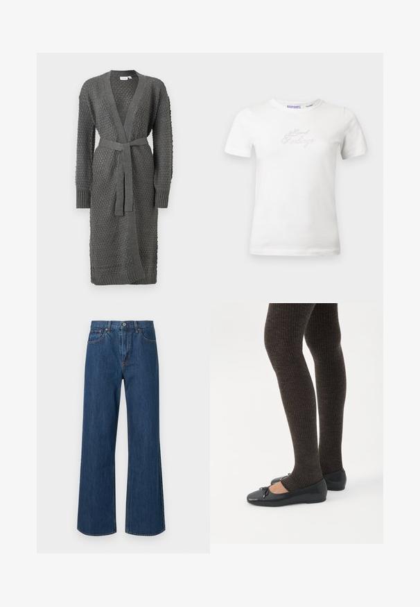 Le cardigan en tricot gris présente un motif texturé, des manches longues, un devant ouvert et une ceinture à nouer à la taille. Fini avec des poignets et un ourlet à côtes.; T-shirt en coton blanc à manches courtes, avec un design en textes "Mixed Feelings" scintillant en rhinestones argentés sur le devant.; Jeans en denim à jambes larges en bleu moyen, avec une taille haute, des poches avant et des détails de couture subtils. Texture lisse avec des ourlets arrondis.; Jambes portant des leggings côtelés foncés associés à des ballerines noires avec de petits détails en nœud sur fond blanc.