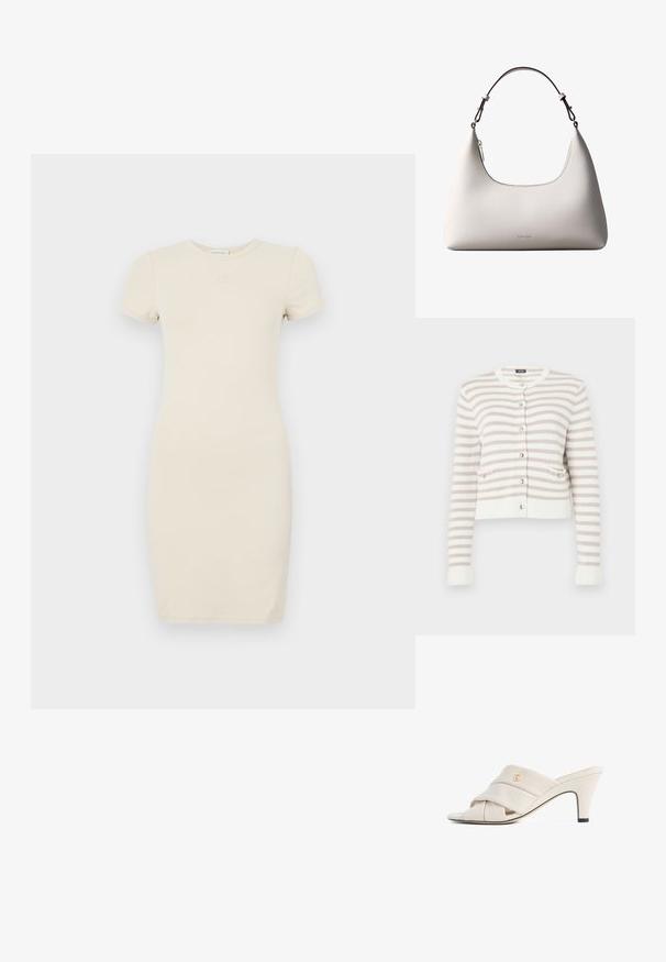 Cardigan rayé crème et beige avec un col rond, des poches avant et une fermeture à boutons. Texture tricotée avec des poignets et un ourlet côtelés.; Robe beige clair à manches courtes avec une silhouette ajustée. Fabriquée en tissu doux, elle présente un petit logo brodé sur la poitrine.; Mules à talons hauts beiges avec un design de bride en cuir torsadé, bout ouvert et motif de logo en relief. Le talon présente un détail d'embout noir.; Sac à bandoulière en cuir couleur crème de Calvin Klein avec bord supérieur incurvé, fermeture éclair argentée et sangle ajustable brun foncé.