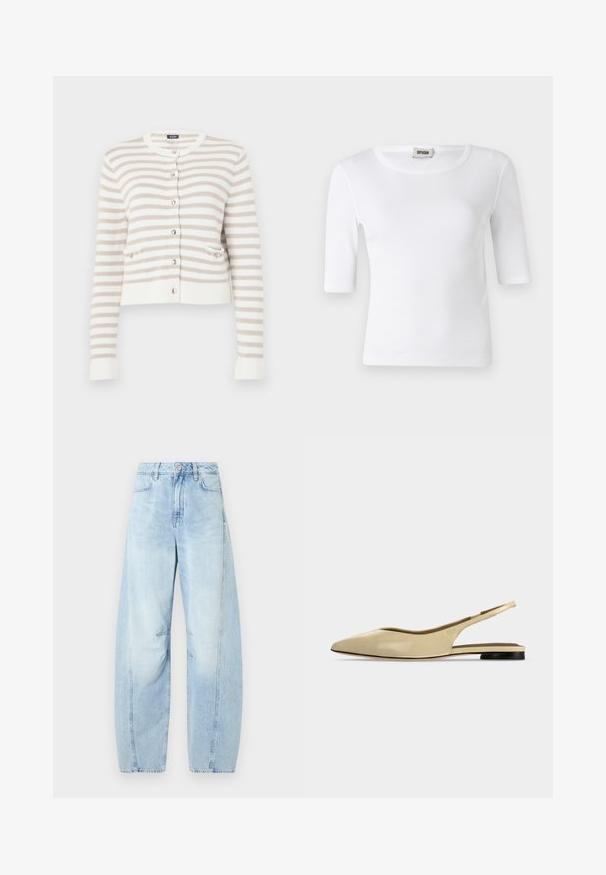 Crème en beige gestreepte cardigan met een ronde hals, voorkeurszakken en knoopsluiting. Gebreide textuur met geribbelde manchetten en zoom.; Witte geribde T-shirt met een ronde halslijn en ellebooglange mouwen. Gemaakt van zacht materiaal met een gladde textuur. Label zichtbaar bij de halslijn.; Lichtblauwe denim wijde jeans met een hoge taille, voorzien van een knoopsluiting, voorzakken en subtiele vervaging.; Beige platte slingback schoen met puntige neus, lage zwarte hak en een glad leren afwerking, zijaanzicht op een effen achtergrond.