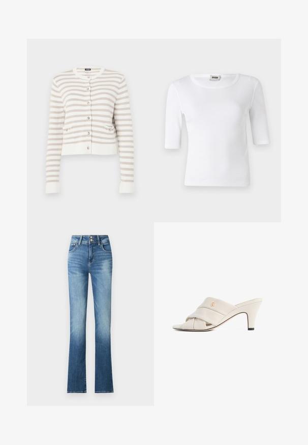 Creme- og beige-striped cardigan med rund halsudskæring, forlommer og knaplukning. Strikket tekstur med ribbede cuff og kant.; Hvid ribbet T-shirt med rund halsudskæring og ærmer til albuerne. Fremstillet af blødt stof med en glat overflade. Etiketten er synlig ved halsudskæringen.; Blå denim flared jeans med høj talje, prydet med let blegning, to knapper og sidelommer. Stoffet har en glat tekstur.; Beige højhælede mules med et snoet læderstropdesign, åben tå og præget logoaccent. Hælen har en sort spidsdetalje.