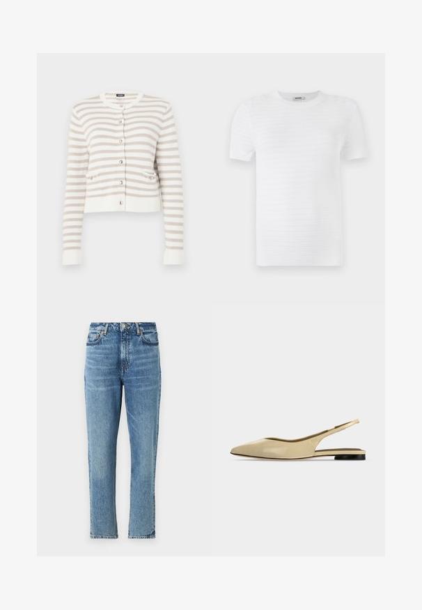 Creme- og beige-striped cardigan med rund halsudskæring, forlommer og knaplukning. Strikket tekstur med ribbede cuff og kant.; Hvid kortærmet t-shirt lavet af struktureret stof med et ribbet mønster. Designet har en rund udskæring og en lige pasform.; Lyseblå denimjeans med høj talje, lige ben og slidt tekstur. Udstyret med sølvhardware og kontrasterende syninger.; Beige spids tå slingback flad sko med lav sort hæl og en glat læderfinish, vist fra siden på en ensfarvet baggrund.