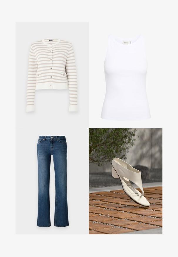 Cardigan rayé crème et beige avec un col rond, des poches avant et une fermeture à boutons. Texture tricotée avec des poignets et un ourlet côtelés.; Débardeur blanc côtelé avec un col rond et sans manches. Tissu extensible et design ajusté. Étiquette au dos indiquant "GESTUZ."; Jeans en denim bleu foncé avec un design à jambe évasée, présentant des décolorations subtiles et des détails usés près des cuisses et des genoux.; Sandale à talon en cuir blanc avec une large bride et un entre-doigts, exposée en extérieur sur une surface carrelée en bois et en gravier avec de la verdure en arrière-plan.
