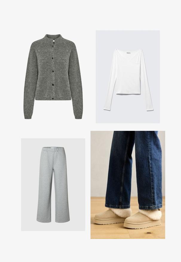 Grijze cardigan van textuur gebreide stof, met een ronde halslijn, lange mouwen en zwarte knopen aan de voorkant.; Witte long-sleeve top met een crossover ontwerp en een zak. Gemaakt van een gladde, rekbare stof. Geknipt in een casual, relaxte pasvorm.; Lichtgrijze broek met brede pijpen, gemaakt van zachte stof, met een elastische tailleband en een eenvoudig, onversierd ontwerp.; Beige suède enkellaarzen met een pluche, crèmekleurige bontkraag. Platte zool met een gestructureerd oppervlak, gecombineerd met donkerblauwe wijde jeans.