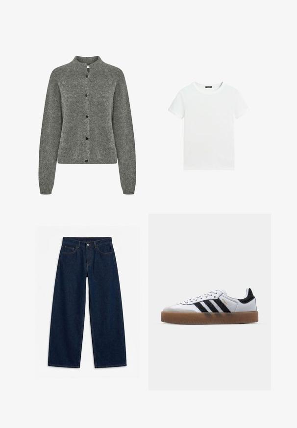 Grijze cardigan van textuur gebreide stof, met een ronde halslijn, lange mouwen en zwarte knopen aan de voorkant.; Effen wit T-shirt met korte mouwen, een ronde hals en een klein zwart labeltje aan de binnenkant van de kraag.; Donkerblauwe wijde denim jeans met knoopsluiting aan de voorkant en rits, lussen voor een riem en vijf zakken, plat gelegd op een witte achtergrond.; Witte leren sneakers met zwarte strepen, gumrubberen buitenzool, ronde neus, vetersluiting en een zachte grijze suède neuskap.