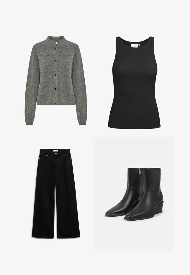 Grå cardigan lavet af tekstureret strikket stof, med rund hals, lange ærmer og sorte knapper ned foran.; Sort tanktop lavet af ribbet materiale, med en scooped halsudskæring og en tætsiddende form. Flade sømme og ingen udsmykninger. Enkel og strømlinet design.; Sorte vidde jeans lavet af denim, med høj talje, fem lommer og sølv hardware detaljer. Glat tekstur, enkelt design.; Par sorte læderankelstøvler med spidse tæer, kilehæle og sidelukkede lynlåse på en ensartet lys baggrund.