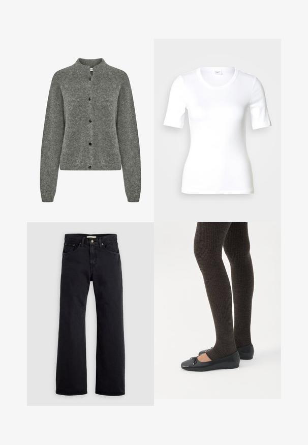 Cárdigan gris hecho de un tejido de punto texturizado, con escote redondo, mangas largas y botones negros en la parte delantera.; Camiseta blanca de manga corta hecha de algodón liso, con escote redondo y forma ajustada. Diseño clásico, sin estampados ni adornos.; Vaqueros negros de talle alto y pierna recta con cierre frontal de botón y cremallera, y diseño de cinco bolsillos sobre un fondo liso y claro.; Piernas con leggings oscuros acanalados combinados con bailarinas negras que presentan pequeños detalles de lazo sobre un fondo blanco.