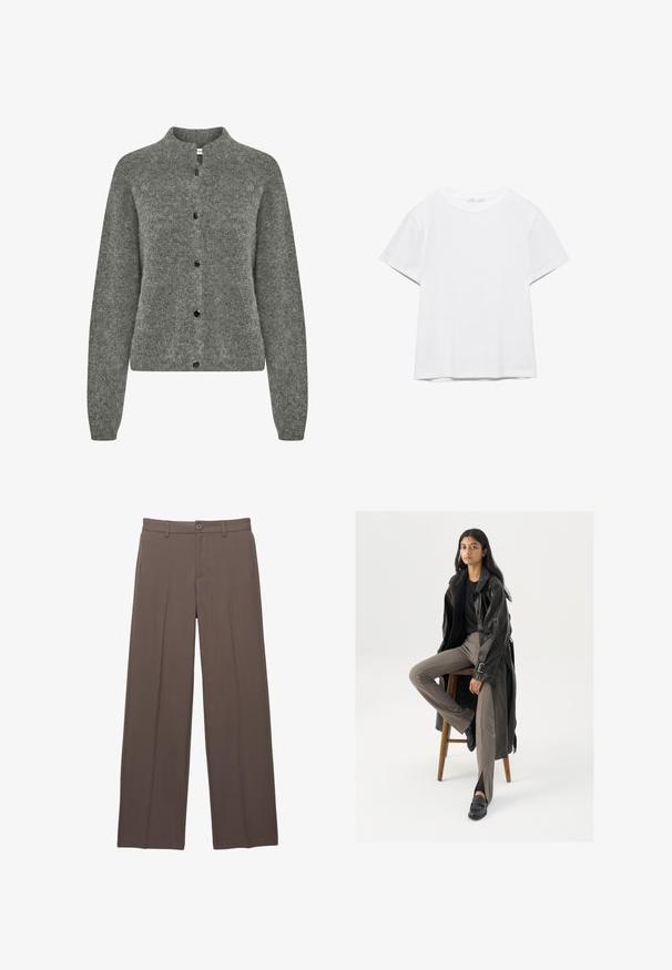 Grå cardigan lavet af tekstureret strikket stof, med rund hals, lange ærmer og sorte knapper ned foran.; Hvid, kortærmet T-shirt med rund hals og lige kant, vist på en hvid baggrund.; Brune skræddertræningsbukser med bæltestropper, knaplukning og frontplissering på en hvid baggrund.; Sort læder trench coat med knapper og bælte detalje, parret med lysebrune tætsiddende bukser og sorte loafers, siddende på en træstol.
