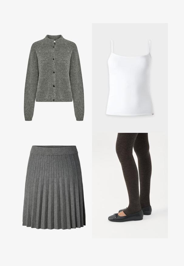 Grå cardigan lavet af tekstureret strikket stof, med rund hals, lange ærmer og sorte knapper ned foran.; Hvid ærmeløs dame tanktop med tynde skulderstropper og et enkelt, tætsiddende design på en lys baggrund.; Knælængde mørkegrå plisseret nederdel med bred elastisk talje lavet af blødt strikstof.; Ben iført mørke ribbede leggings kombineret med sorte balletsko med små sløjfedetaljer på hvid baggrund.