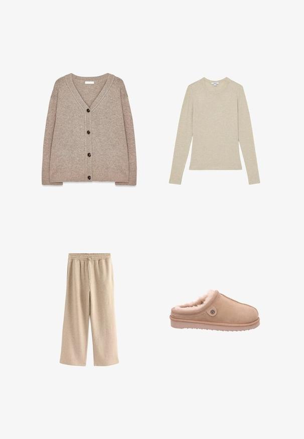 Beige gebreide cardigan met een V-hals, geribde randen en vijf bruine knopen aan de voorkant. Zachte textuur en een relaxte pasvorm.; Beige langärmelig gebreid topje met ronde hals en een slanke pasvorm, gemaakt van zachte stof.; Crème-kleurige wijde broek gemaakt van een zachte katoenmix. Heeft een elastische tailleband met trekkoord en een subtiele gespikkelde textuur.; Rohde ROHDE SOAZZA PANTOFFELN - Pantoffels - natur