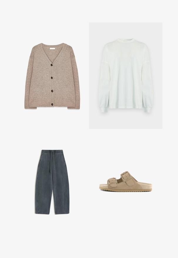 Beige strikket cardigan med V-hals, ribbede kanter og fem brune knapper foran. Blød tekstur og afslappet pasform.; Langærmet hvid skjorte lavet af letvægtsstof. Har en rund halsudskæring og rynkede ærmer for en afslappet pasform. Enkel design.; Grå bukser med vide ben lavet af blødt, struktureret stof. Har en elastisk talje med snor og sidelommer.; Tanfarvet ruskindssandal med to justerbare remme med spænder og en tekstureret sål.