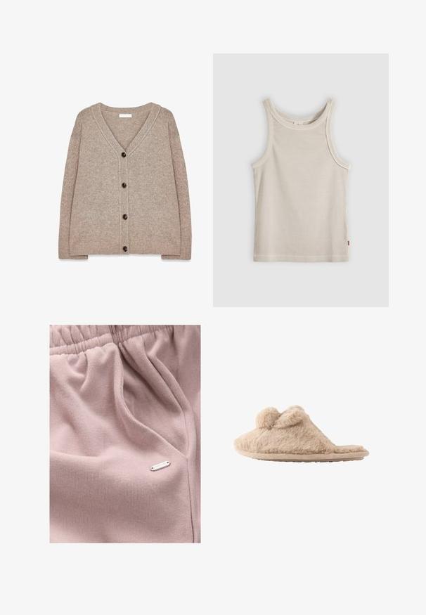 Beige strikket cardigan med V-hals, ribbede kanter og fem brune knapper foran. Blød tekstur og afslappet pasform.; Beige ribstrikket ærmeløs tanktop med rund halsudskæring og tætsiddende pasform, vist mod en grå baggrund.; Lyserødt stof med ribbet tekstur, der har en elastisk taljebånd og en lille metallisk label med teksten "DOWNTIME" på siden.; Beige, fløjlsblød hjemmesko med to pomponer på toppen og en flad sål, designet til indendørs brug.