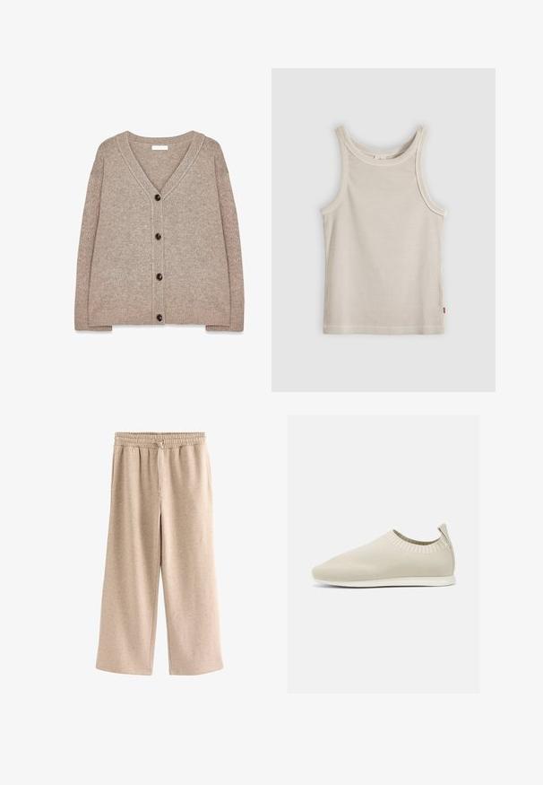 Beige strikket cardigan med V-hals, ribbede kanter og fem brune knapper foran. Blød tekstur og afslappet pasform.; Beige ribstrikket ærmeløs tanktop med rund halsudskæring og tætsiddende pasform, vist mod en grå baggrund.; Beige bukser med vide ben, elastisk talje og snørre, lavet af et blødt, plettet stof.; Beige strikket slip-on sko med lav profil, tekstureret overdel og fleksibel sål. Har et vævet design omkring anklene for komfort.