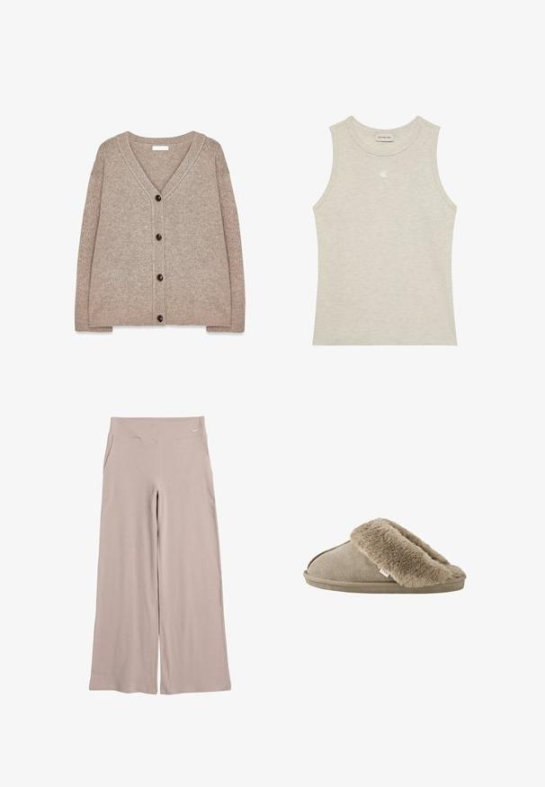 Cárdigan de punto beige con escote en V, bordes acanalados y cinco botones marrones en el frente. Textura suave y corte holgado.; Camiseta sin mangas beige con textura acanalada y escote redondo, con un pequeño logo de Calvin Klein bordado en el centro del pecho.; Pantalones de pierna ancha en tejido beige claro con una textura suave. Presenta una cintura alta y bolsillos laterales para mayor funcionalidad.; Zapatilla beige sin talón con forro interior de suave piel sintética alrededor de la abertura y suela exterior con apariencia de ante.