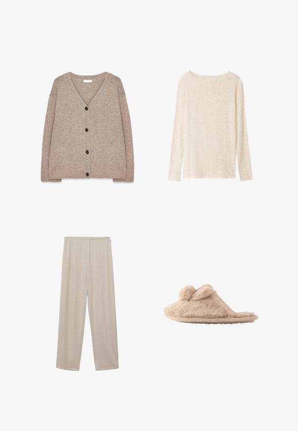 Gilet en tricot beige avec un col en V, des bords côtelés et cinq boutons marron sur le devant. Texture douce et coupe décontractée.; Top en maille beige clair à manches longues avec encolure bateau et texture chinée subtile.; Pantalons en coton beige légers, avec une coupe droite, une taille élastique et une texture douce. Pas de motifs ni de matériel visible.; Chausson beige duveteux à enfiler avec deux pompons sur le dessus et une semelle plate, conçu pour une utilisation intérieure.