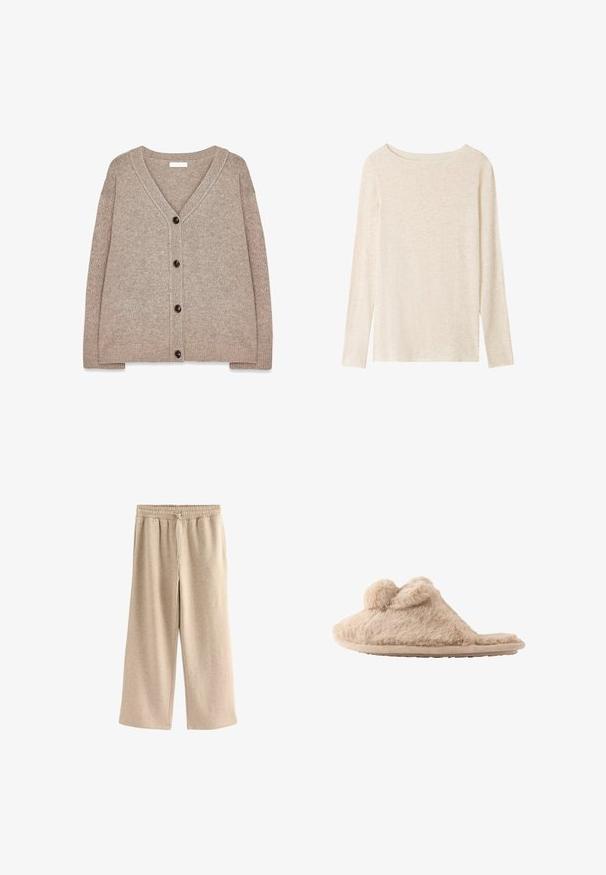 Beige strikket cardigan med V-hals, ribbede kanter og fem brune knapper foran. Blød tekstur og afslappet pasform.; Langærmet, lysebeige striktop med bådudskæring og subtil meleret tekstur.; Cremefarvede breddebenede bukser lavet af blødt bomuldsblandingsstof. Har en elastisk talje med snor og en subtil plettet tekstur.; Beige, fløjlsblød hjemmesko med to pomponer på toppen og en flad sål, designet til indendørs brug.