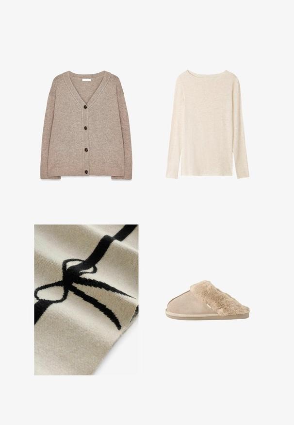 Cárdigan de punto beige con escote en V, bordes acanalados y cinco botones marrones en el frente. Textura suave y corte holgado.; Top de punto beige claro de manga larga con escote barco y una textura jaspeada sutil.; Textil con fondo crema que presenta un diseño destacado de un lazo negro. Textura suave, tejido de fibras visibles y patrones.; Zapatilla beige sin cordones con exterior de ante suave y forro interior y borde mullidos y esponjosos, diseñada para la comodidad en interiores.