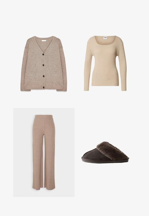 Beige strikket cardigan med V-hals, ribbede kanter og fem brune knapper foran. Blød tekstur og afslappet pasform.; Beige ribstrikket sweater med firkantet halsudskæring og lange ærmer, lavet af blødt, tekstureret stof. Enkel design egnet til lag-på-lag.; Beige ribbede vide bukser med høj talje og blød tekstur, der har en løs pasform og ingen synlige lukninger.; Mørkebrun slip-on tøfler med blødt, fluffy pelsforet omkring åbningen og en flad gummisål.