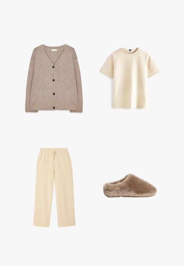 Beige strikket cardigan med V-hals, ribbede kanter og fem brune knapper foran. Blød tekstur og afslappet pasform.; Beige kortærmet t-shirt med rund hals, lavet af blødt materiale med en diskret tekstur og en afslappet pasform. Ingen synlige logoer.; Beige viddebukser lavet af blødt stof med elastisk talje, snøre og to sidelommer. Enkel design uden mønstre.; Brun fuzzy slippers med en rund tå, blød tekstur og uden hæl. Har en holdbar sål med tekstureret greb til traction.