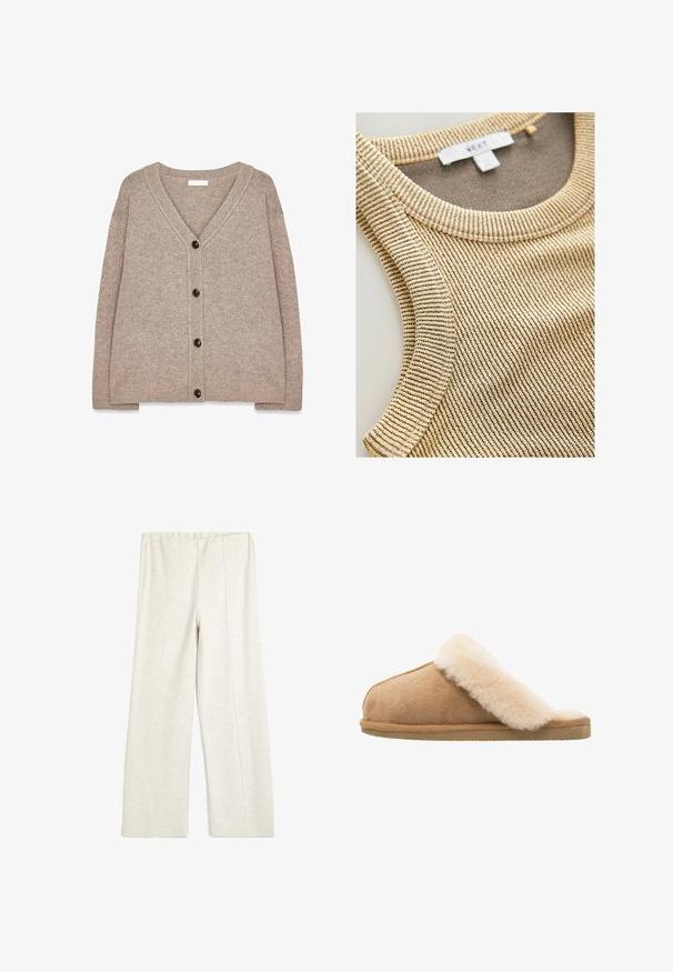 Beige neulecardigan, jossa on V-pääntie, ribbausreunat ja viisi ruskeaa nappia edessä. Pehmeä tekstuuri ja rento istuvuus.; Beige ribbattu toppi, jossa on pyöreä pääntie ja teksturoitu kangas, jossa on hienovaraisia tummia raitoja. Tunniste näkyvissä kaula-aukossa.; Koton WIDE LEG - Verryttelyhousut - beige; Beige suede slip-on slipper, jossa on pehmeä, pörröinen kerma-villavuori. Varustettu litteällä, tekstuurilla kumipohjalla, joka tarjoaa pitoa.