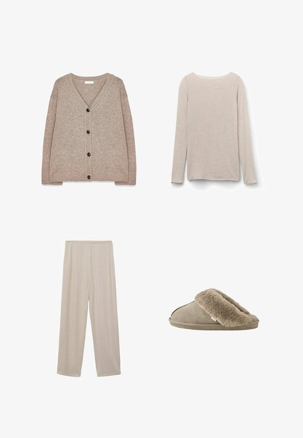 Beige strikket cardigan med V-hals, ribbede kanter og fem brune knapper foran. Blød tekstur og afslappet pasform.; Lyserød langærmet t-shirt med afslappet rund halsudskæring, lavet af blødt stof med en subtil meleret tekstur.; Beige, lette bomuldsbukser med lige ben-design, elastisk talje og glat tekstur. Ingen synlige mønstre eller hardware.; Beige slip-on tøfler med blød, plyssede pelsforing omkring åbningen og en ydersål med ruskindslignende overflade.