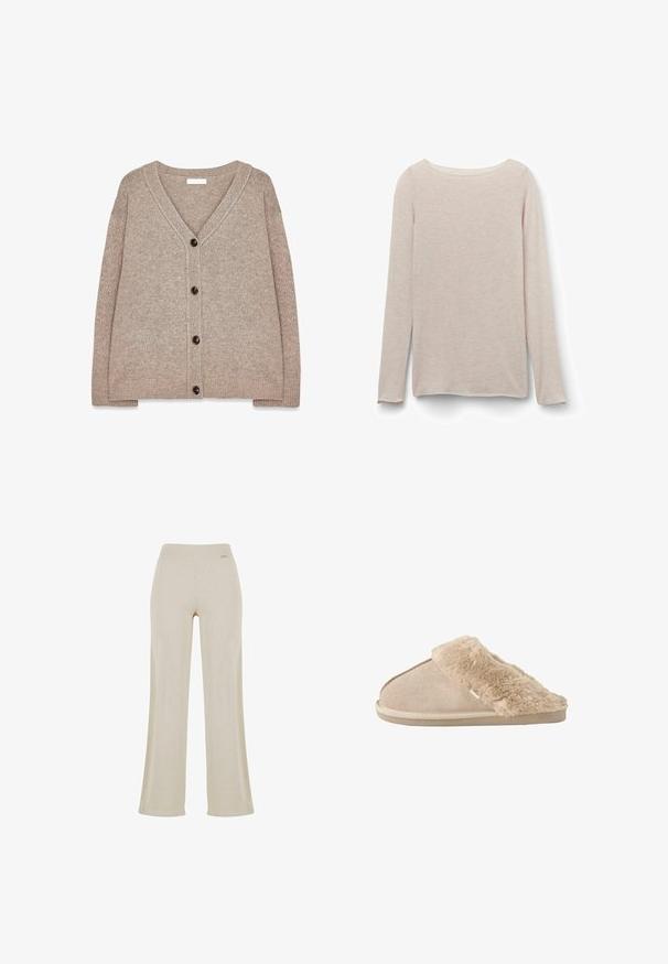 Beige gebreide cardigan met een V-hals, geribde randen en vijf bruine knopen aan de voorkant. Zachte textuur en een relaxte pasvorm.; Lichtroze T-shirt met lange mouwen en een ontspannen ronde hals, gemaakt van zachte stof met een subtiele heatherstructuur.; Beige wijde broek met een gladde ribbelstructuur, elastische tailleband en geen zichtbare versieringen, die een ontspannen silhouet biedt.; Beige instappantoffel met zachte suède buitenkant en een zachte, pluizige voering en boord, ontworpen voor binnencomfort.
