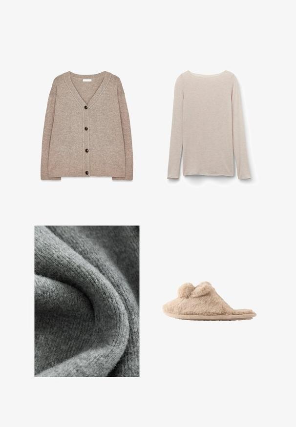 Cárdigan de punto beige con escote en V, bordes acanalados y cinco botones marrones en el frente. Textura suave y corte holgado.; Camiseta de manga larga rosa claro con un escote redondo relajado, hecha de una tela suave con una sutil textura jaspeada.; Tela gris con una superficie suave y texturizada, que presenta una mezcla de fibras finas y un sutil patrón acanalado, plegada y arrugada.; Zapatilla beige y peluda que se pone deslizando, con dos pompones en la parte superior y suela plana, diseñada para uso en interiores.