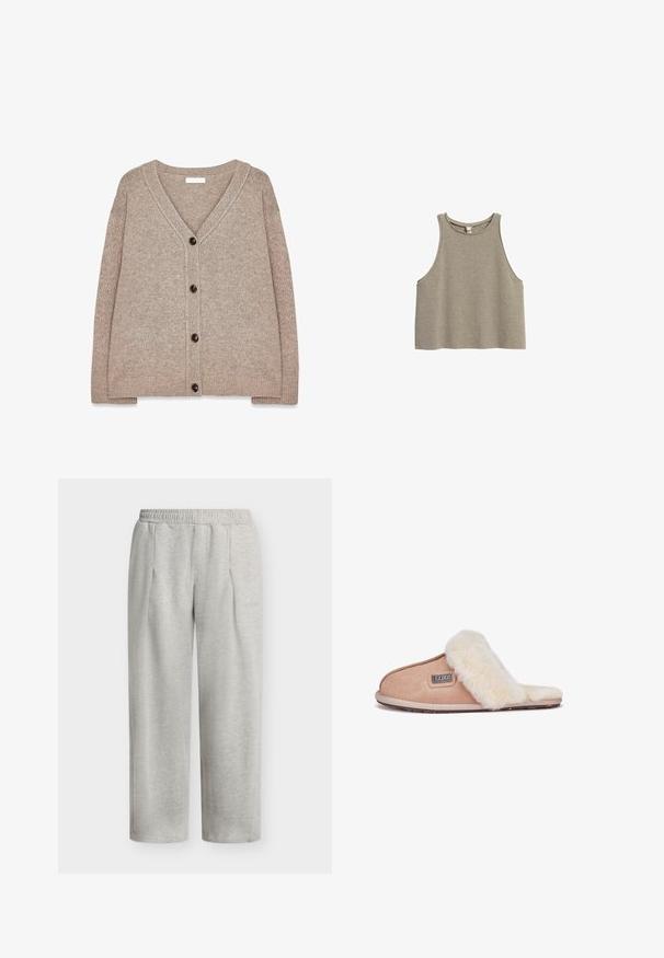 Beige strikket cardigan med V-hals, ribbede kanter og fem brune knapper foran. Blød tekstur og afslappet pasform.; Grå cropped tanktop lavet af ribstrikket stof. Har rund halsudskæring og brede ærmegab for en afslappet pasform. Ingen synlige metaldele.; Lys grå sweatpants med elastisk talje og lige ben, med diskrete frontplisseringer og sidelommer, designet til casual brug.; Tan suedestøvle med blødt hvidt pelsfor, åben tå-design, flad sål og et lille brandmærke på siden.