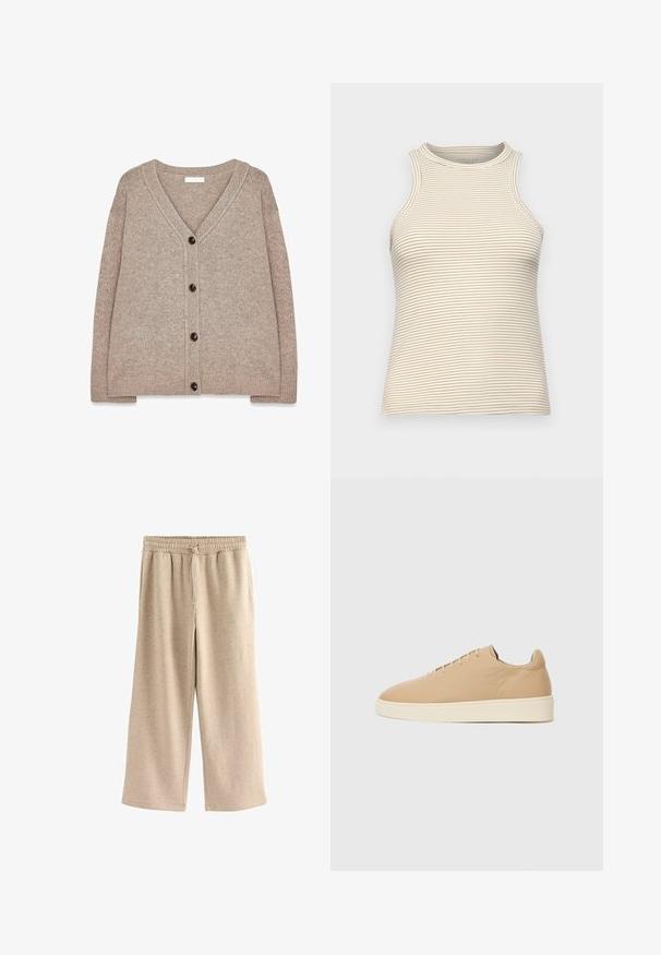 Beige strikket cardigan med V-hals, ribbede kanter og fem brune knapper foran. Blød tekstur og afslappet pasform.; Udenærmet top med høj krave, lavet af tekstureret stof med tynde vandrette beige og hvide striber. Tætsiddende design, ingen synlig hårdware.; Beige vide benbukser lavet af blødt stof, med en elastisk talje og snor, og en diskret prikket tekstur hele vejen igennem.; Beige sneakers med en glat overflade, rund tå og minimalistisk design. Har en crèmefarvet sål og seks huller til snørebånd.