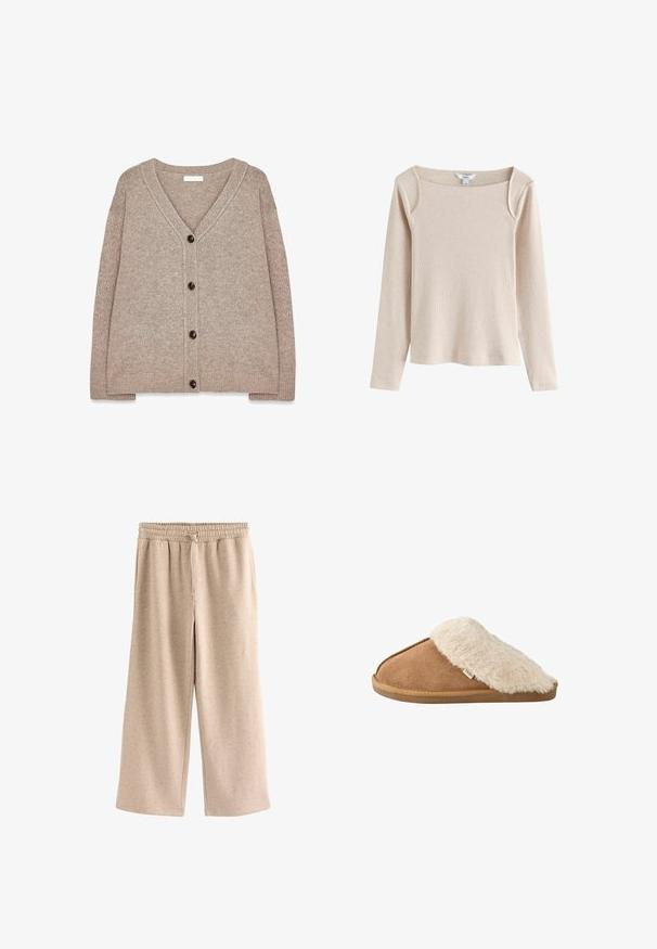 Beige strikket cardigan med V-hals, ribbede kanter og fem brune knapper foran. Blød tekstur og afslappet pasform.; Beige langærmet ribstrikket top med firkantet udskæring og let skulderdetalje, vist på hvid baggrund.; Beige bukser med vide ben, elastisk talje og snørre, lavet af et blødt, plettet stof.; Brun slip-on tøffel med blød beige imiteret pelsforing og sål, vist fra siden på hvid baggrund.