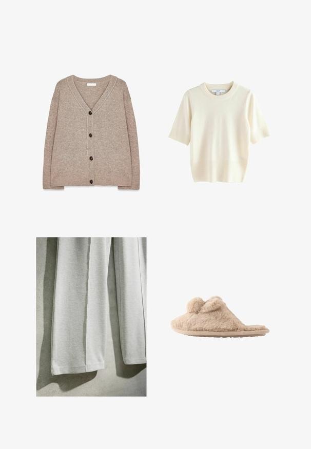 Beige strikket cardigan med V-hals, ribbede kanter og fem brune knapper foran. Blød tekstur og afslappet pasform.; Kortærmet sweater i cremefarve lavet af blødt stof. Har ribbet halsudskæring og kant, med glat tekstur og afslappet pasform.; Nærbillede af lyst gråt ribstrikket stof, der hænger, med lige kanter og blød tekstur mod en neutral baggrund.; Beige, fløjlsblød hjemmesko med to pomponer på toppen og en flad sål, designet til indendørs brug.