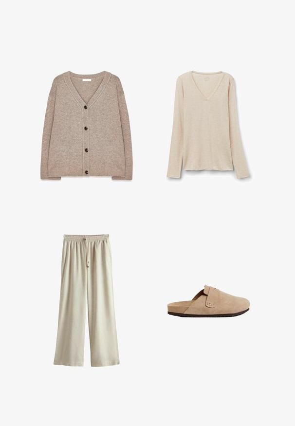 Beige strikket cardigan med V-hals, ribbede kanter og fem brune knapper foran. Blød tekstur og afslappet pasform.; Langærmet V-hals top i lys beige stof med en blød tekstur. Afslappet pasform med lige kant og minimalistisk design.; Beige bukser med brede ben, elastik i taljen og snor, lavet af let stof, der giver en afslappet pasform.; Beige ruskinds slip-on sko med rund tå, minimalistisk design og en struktureret sål for greb. Det foldede stropdetalje tilføjer noget særligt.