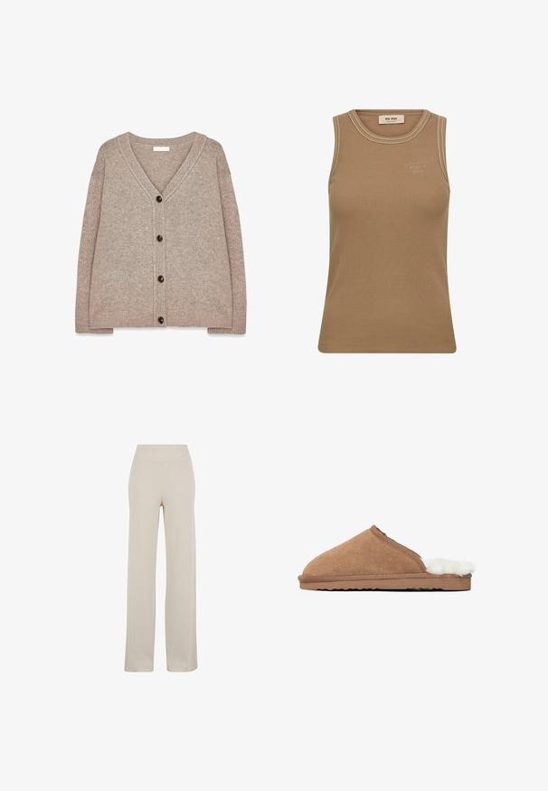 Cárdigan de punto beige con escote en V, bordes acanalados y cinco botones marrones en el frente. Textura suave y corte holgado.; Camiseta sin mangas acanalada en marrón claro con escote redondo, detalles de costuras blancas y pequeño logo bordado en el pecho.; Pantalones de pierna ancha en color beige, fabricados con un material suave y elástico. Cuentan con una cintura alta y una textura suave, ofreciendo un ajuste relajado en toda la prenda.; Pantuflas de ante marrón con un suave forro de piel blanca, punta redondeada, parte superior texturizada y una suela de goma plana con un patrón en zigzag.