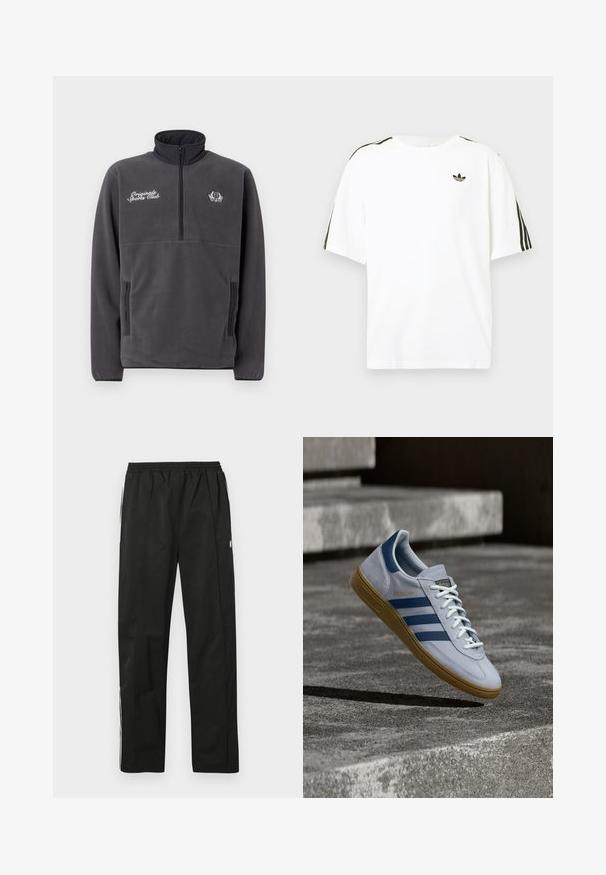 Grå fleecepullover med høj krave, halvlynlås foran, to sidelommer og broderet tekst og logo "Original Sports Club".; Hvid bomuld t-shirt med korte ærmer, prydet med sorte tre-stribede detaljer på skuldrene og et lille sort logo på brystet.; Sorte træningsbukser med elastisk talje, lige snit, lynlåsdetaljer i siderne og hvide striber langs siderne. Glat tekstur.; Lyseblå Adidas Spezial sneakers med marineblå striber og gummisål, vist i luften over betontrapper i et neutralt udendørsmiljø.