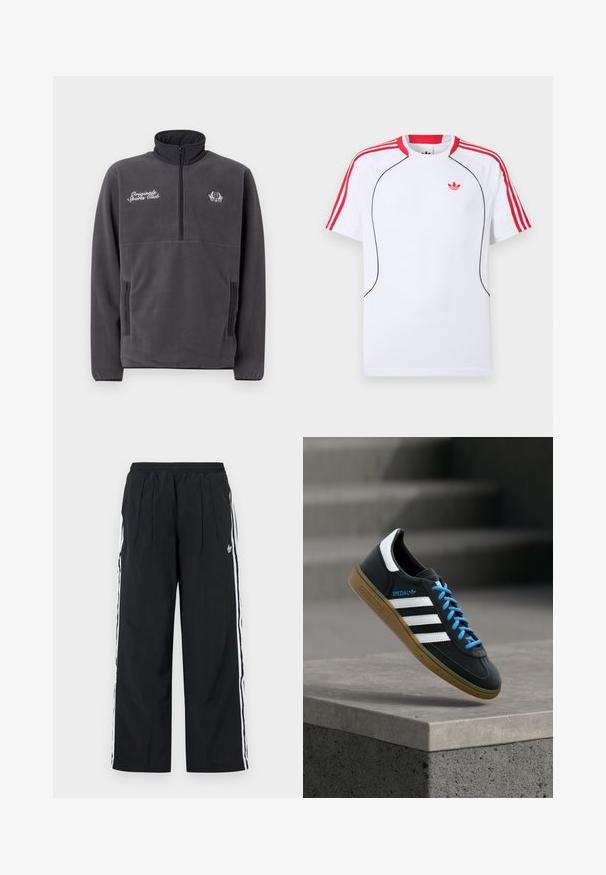 Grijze fleece pullover met een hoge kraag, halve rits aan de voorkant, twee zijzakken en geborduurde tekst en logo "Original Sports Club".; Wit sportshirt met korte mouwen, rode strepen op de schouders en mouwen, zwarte biezen aan de voorkant en een rood Adidas trefoil-logo op de borst.; Zwarte wijde broekspijpen met witte zijstrepen, elastische tailleband, plooien aan de voorkant en het Adidas-logo op de rechterdij.; Zwarte Adidas-sneaker met witte strepen, blauwe veters en een gumzool die boven een grijze betonnen trede zweeft in zacht licht.