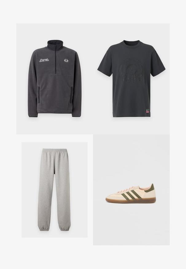 Grå fleecepullover med høj krave, halvlynlås foran, to sidelommer og broderet tekst og logo "Original Sports Club".; Mørkegrå bomulds t-shirt med rund hals, korte ærmer og et tonalt præget logo samt dekorative elementer på forsiden. Lille lyserød mærke i kanten.; Lysegrå joggingbukser med elastik i taljen og ved anklerne, lige ben, lavet af blødt stof.; Beige Adidas Spezial sneaker med lav profil, grønne striber, gummisål og "SPEZIAL"-branding på siden, vist fra ydersiden.