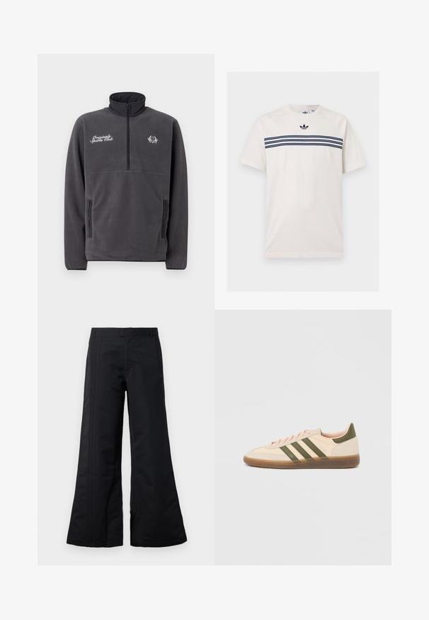 Grå fleecepullover med høj krave, halvlynlås foran, to sidelommer og broderet tekst og logo "Original Sports Club".; Hvid Adidas T-shirt med korte ærmer med marineblå tre-striber tværs over brystet og Adidas trebladet logo over striberne.; Sorte bredbenede bukser lavet af glat stof, med frontfolder og en talje. Rent design uden synlige mønstre eller dekorationer.; Beige Adidas Spezial sneaker med lav profil, grønne striber, gummisål og "SPEZIAL"-branding på siden, vist fra ydersiden.