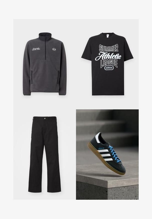 Grå fleecepullover med høj krave, halvlynlås foran, to sidelommer og broderet tekst og logo "Original Sports Club".; Sort bomuld T-shirt med hvidt grafisk tekst: "SUMMER ATHLETIC LEAGUE" med adidas-logoet nedenunder, korte ærmer og rund hals.; Sorte bukser lavet af slidstærkt stof med lige pasform, der har knaplukning foran, bæltestropper og ingen synlige mønstre eller accenter.; Sort Adidas sneaker med hvide striber, blå snørebånd og gummisål, der svæver over gråt betontrin i blødt lys.
