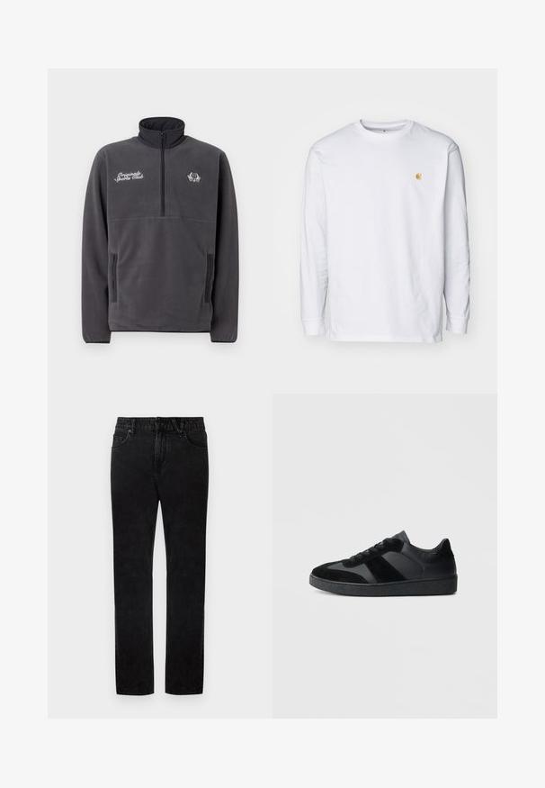 Grå fleecepullover med høj krave, halvlynlås foran, to sidelommer og broderet tekst og logo "Original Sports Club".; Hvid langærmet t-shirt lavet af bomuld. Har et lille gyldent logo på brystet og en rund halsudskæring. Enkel design og standard pasform.; Sorte denimjeans med lige ben, udstyret med bæltestropper, forlommer og knaplukning. Stoffet er glat med en let stretch.; Sorte sneakers med en kombination af glat læder og ruskind, med en tekstureret sort gummisål og subtil stripingdetalje.
