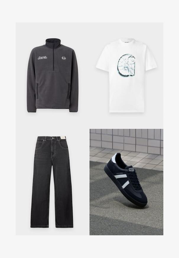 Grijze fleece pullover met een hoge kraag, halve rits aan de voorkant, twee zijzakken en geborduurde tekst en logo "Original Sports Club".; Wit katoenen T-shirt met aan de voorkant een grote grafische afbeelding van een gebarsten glas in blauw en zwart, met een ronde halslijn en korte mouwen.; Zwarte wijde spijkerbroek van denim, met vijf zakken, contrasterende witte stiksels en een knoopsluiting in de taille.; Zwarte leren sneaker met witte strepen, een gestructureerde rubberen zool en vetersluiting aan de voorkant. Voorzien van een merklabel op de tong.